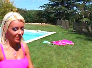 Titty whores lick each other and eat hard cock outdoor by the pool!